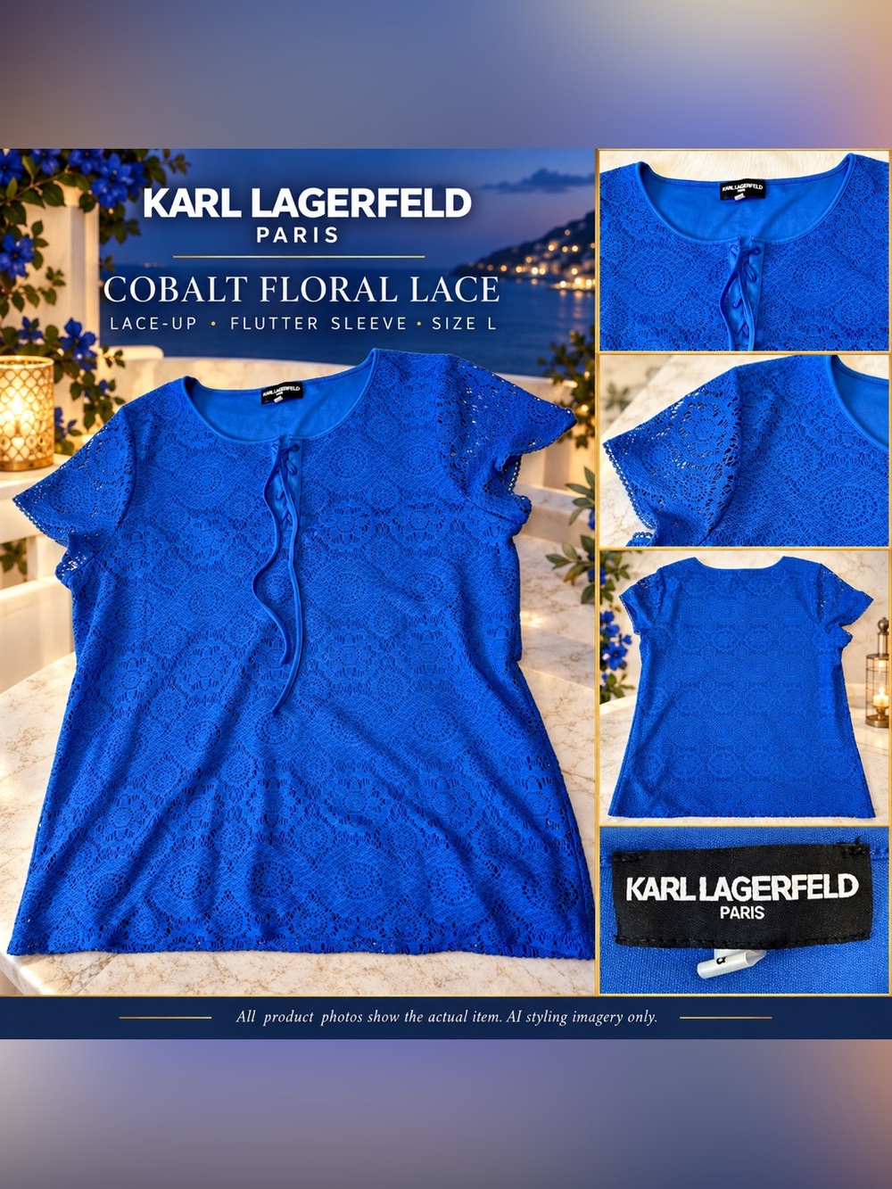 EUC Karl Lagerfeld Paris Cobalt Blue Floral Crochet LaceUp Flutter Sleeve Blouse